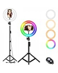 10" RGB Selfie Ring Light LED 3200-6500K avec trépied et Support de téléphone Portable pour Maquillage/Live Stream/TikTok/Photographie/Youtube/Enregistrement vidéo