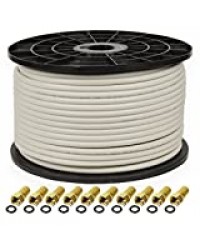 100m 135dB PremiumX Basic Pro Coaxial Sat Cable Câble coaxial blindé à 5 Voies Câble d'antenne pour 4K Ultra HD | DVB-S / S2 | DVB-C | DVB-T | Systèmes BK + 10x F-Plug 8,0 mm