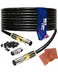 1STec 30m Câble de télévision numérique RG6 Noir haute performance Avec adaptateurs coaxiaux mâles ou femelles et connecteurs de compression F Conçu pour la TV terrestre ou par satellite (30 mètres)