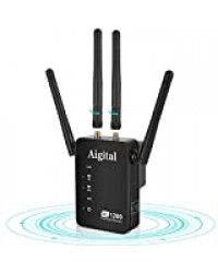 Aigital Répéteur WiFi 1200Mbps, Amplificateur WiFi Dual-Bande, Routeur/Repeater/Point d'accès, jusqu'à 120m² et 20 appareils, 4 Antennes, 2 Port Ethernet,Compatible avec Toutes Les Box Internet