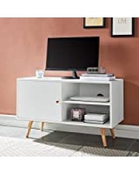 ANNETTE Meuble TV scandinave décor blanc + pieds en bois massif - L 90 cm