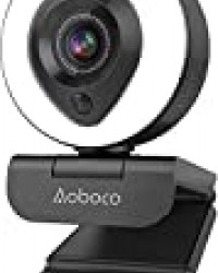 Aoboco Webcam Full HD 1080p en Streaming, Autofocus pour Ordinateur Portable, Anneau Lumineux Intégré Réglable avec Microphone Prise en Charge USB 2.0/3.0 pour Mac Windows Xbox Facebook YouTube Skype