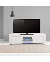 AYNEFY Meuble TV Panneau Meuble TV Lowboard TV Blanc Brillant avec 2 armoires et 2 Niveaux d'étagère Table TV avec éclairage LED en Bleu pour Salon, Chambre, 130 x 35 x 35 cm(EU)