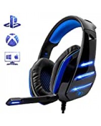 Beexcellent Micro Casque Gaming PS4, Casque PC Ultra-Léger Stéréo Lumière Stéréo Bass Anti-Bruit LED lumière avec 3.5mm Connecteur Compatible Xbox One Laptop Tablette et Tous Les Smartphone (Bleu)