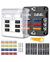 Bellaely 6 Voies Boîte à Fusibles, Porte Fusible avec Bus Négatif, Blocs Fusible Lame avec 16 Fusibles 6 Voyants LED Couvercle de Protection pour 12V/24V Voiture Automobile Bateau Marine Camion SUV