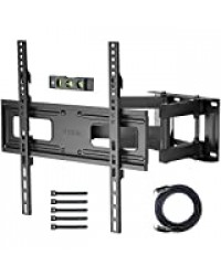 BONTEC Support Mural pour TVs Plats et Courbes de 23-60 Pouces, Mouvement Complet avec Double Bras Capable à Tenir 45 kg, Max. VESA 400x400mm, Câble HDMI, Niveau à Bulle, 5 Sangles Velcro Compris