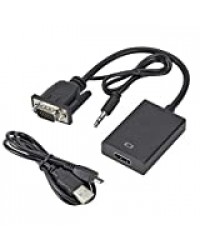 Câble adaptateur VGA vers HDMI avec audio, convertit la source VGA (PC) en connecteur HDMI de moniteur, TV, VGA-HDMI, câble adaptateur vidéo pour ordinateur, ordinateur portable, projecteur (Black)