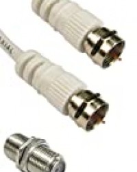 Câble coaxial satellite mâle vers mâle, blanc, 15 m de long avec connecteurs de type F fourni avec un kit de coupleur de type F.