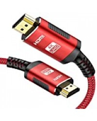 Câble HDMI 4K 2m, Snowkids Câble HDMI 2.0 a/b Haute Vitesse Câble Ergonomique Cordon en Nylon Tressé 18Gbps 4K@60Hz Supporte Ethernet UHD HD Arc 3D Fire TV PS3/4 etc.-Rouge