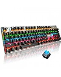 Clavier de Jeu mécanique Filaire Commutateur Bleu 104 Touches RVB Rainbow LED 9 Modes de rétroéclairage Disposition des clés Ergonomique étanche USB pour Les Joueurs dactylographes(Blue)