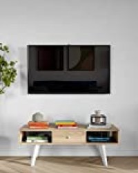 Contemporain Meuble TV Chêne Naturel Pieds Inclines Blanc avec 2 Niches/1 Tiroir 117 x 40 x 42,4 cm , 3094A0334A30