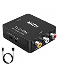 Convertisseur RCA vers HDMI, 1080P MINI Video Audio Converter, AV vers HDMI compatible PAL/NTSC pour TV PC PS3 PS2 STB Xbox VHS VCR Blue-Ray DVD Wii