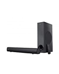 Creative Stage 2.1 Barre de son avec caisson de basses pour TV, ordinateur et écrans ultra larges, Bluetooth / Entrée optique / TV ARC / Entrée AUX, télécommande et kit de montage mural