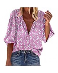 Femmes Chemises Bluestercool Fashion T-shirts à Manches Longues Chic Impression Bouton Tops Shirt Confortable Tee Grande Taille