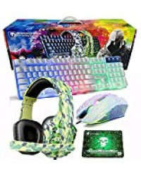 Filaire Clavier de Jeu, Micro Casque Gaming, Souris Gamer,Tapis de Souris Antidérapant Gaming Clavier 4 en 1 Ensemble de Jeu LED Arc-en-Ciel et Rétro-éclairé for PC PS4 Xbox One Mac (Blanc)