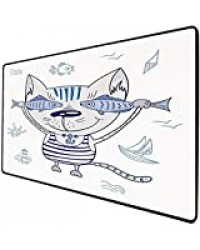 Fonctionnement du tapis de souris Ocean Animal Decor Tapis de souris de bureau étanche et épais Naughty Cat avec poisson dans T-shirt rayé pendentif ancre et signe de la mer,bleu gris Base en caoutcho