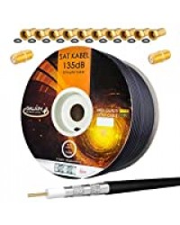 HB-Digital 100m 135dB Coaxial SAT Cable Pure KU Copper PRO Câble d'antenne coaxial 5 fois blindé pour les systèmes DVB-S/S2 DVB-C et DVB-T BK+10x connecteurs F plaqués or ET 2X connecteurs F Gratuit