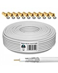 HB-DIGITAL 25m Câble SAT coaxial 135dB HQ-135 PRO 4 fois blindé pour les systèmes DVB-S / S2 DVB-C et DVB-T BK + 10 prises F dorées gratuites.