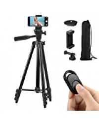 Hitchy Trepied Smartphone, Trepied iPhone 51 inch 130cm Aluminium Léger, Trepied Appareil Photo pour Smartphone/GoPro/Caméra avec Télécommande Bluetooth, Porte-téléphone et Adaptateur GoPro (Noir)