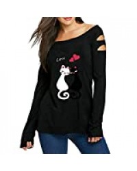 Honestyi Tee Shirts Femme Amour de Chat Imprimé Tops Épaule sans Bretelles Manches Longues Blouse Décontractée Chic Pullover Femmes Pas Cher Automne et Hiver Vêtements T-Shirt