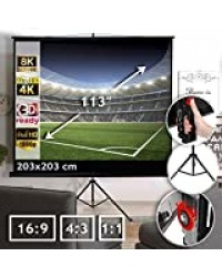 Jago® Écran de Projection 203x203 cm - avec Trépied, 113 Pouces, Enroulable, Formats 1:1, 4:3, 16:9, HD 4K 3D - Toile de Projecteur, Home Cinema, Vidéoprojecteur