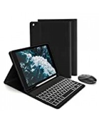 Jelly Comb Étui Clavier Rétroéclairé avec Souris(Connexion 2,4 G USB + Bluetooth) pour iPad 10.2 2019 et 2020/ iPad Air 3 / iPad Pro 10.5 Clavier Amovible AZERTY Coque pour IPad 7e/8e Génération