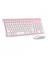 JOYACCESS Clavier Souris sans Fil, 2,4Ghz Ultra-Fins Compacte Ensemble Clavier Souris,Portable Silencieux 2400 DPI Ergonomique Souris sans Fil pour PC, Smart TV, Ordinateur(AZERTY)-Rose Blanc