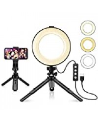 KIPTOP LED Anneau Lumière, 6" Ring Light avec trépied, Anneau Lumineux Flash Lamp 3 modes de luminosité réglables et 11 luminosité pour Selfie, Vlog, Diffusion en direct, Youtube Vidéo Maquillage