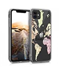 kwmobile Coque Compatible avec Apple iPhone 11 - Housse Protectrice pour Téléphone en Silicone Carte du Monde Voyage Noir-Multicolore-Transparent