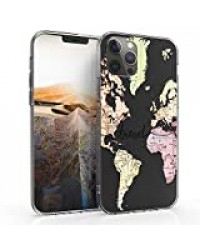 kwmobile Coque Compatible avec Apple iPhone 12 Pro Max - Housse Protectrice pour Téléphone en Silicone Carte du Monde Voyage Noir-Multicolore-Transparent