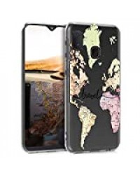 kwmobile Coque Compatible avec Samsung Galaxy A20e - Housse Protectrice pour Téléphone en Silicone Carte du Monde Voyage Noir-Multicolore-Transparent