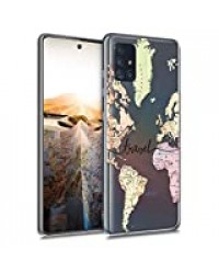 kwmobile Coque Compatible avec Samsung Galaxy A51 - Housse Protectrice pour Téléphone en Silicone Carte du Monde Voyage Noir-Multicolore-Transparent