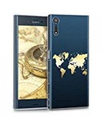 kwmobile Coque Compatible avec Sony Xperia XZ/XZs - Housse Protectrice pour Téléphone en Silicone Tour du Monde doré-Transparent