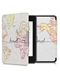 kwmobile Étui liseuse Compatible avec Amazon Kindle Paperwhite (10. Gen - 2018) - Housse avec Rabat magnétique en Simili Cuir - Carte du Monde Voyage Noir-Multicolore