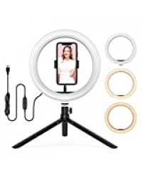 LED Lumière Anneau,Ring Light avec Trépied+ Télécommande+ USB,3 Modes d'Eclairage et 10 Niveaux Selfie Anneau Lumière pour Diffusion en Direct par Mobile/Lumière de Remplissage LED portative