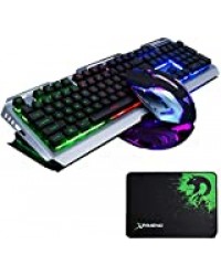 Lexonelec Clavier Gaming Mouse Définit Combo Filaire V1 à rétroéclairage LED multimédia USB Clavier de Jeu en métal étanche + 3200DPI Régler 7 Couleurs Respirer lumière Optique Gamer Mouse Définit