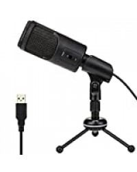 Microphone à Condensateur, Enregistrement Micro avec Trépied pour PC Enregistrement Skype, YouTube, Google Recherche Vocale, Jeux,Podcast en Direct Compatible Avec Windows,Mac and Linux