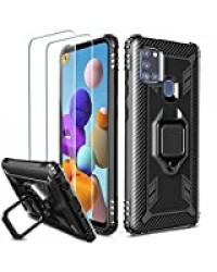 Milomdoi [Coque avec 2 Pièces] Coque pour Samsung Galaxy A21S Coque+ 2 Pièces HD Verre Trempé Protection écran,Support Couche Renforcée Défense TPU Gel Silicone Antichoc Housse Etui-Noir