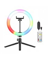 Neewer 10 Pouces RGB Anneau Lumineux Selfie Light Ring avec Trépied et Support de Téléphone, Télécommande, Éclairage de Bureau LED Dimmable 29 Modes de Couleurs pour Maquillage Youtube Tiktok etc.