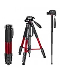 Neewer Trépied Monopode Portable 177 cm en Alliage Aluminium avec Tête 3 Voies Pivotante Panoramique, Sac pour DSLR, DV Vidéo Caméscope, Charge Admissible de 4 Kilogrammes Rouge (Sab264)