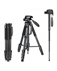 Neewer Trépied Portable en Alliage d'aluminium 2 en 1 Maximum 177 cm avec tête pivotante à 3 Directions et Sac de Transport pour Appareil Photo, caméscope DSLR, DV