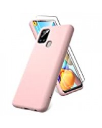 Oududianzi Coque pour Samsung Galaxy A21s, Film de Protection en Verre trempé, Housse Souple en TPU en Silicone Liquide, Housse en Caoutchouc Antichoc en Gel de Silicone Liquide - Rosa