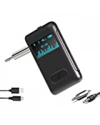 Ozvavzk Récepteur Bluetooth 5.0,Adaptateur Audio Bluetooth sans Fil avec Écran OLED,Micro Intégré Kit Mains Libres Stéréo 3D avec 3,5 mm Jack Récepteur de Musique pour Système Stéréo de Voiture/Maison