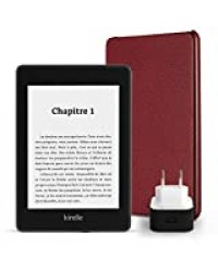 Pack essentiel comprenant la liseuse Kindle Paperwhite, 32 Go, avec offres spéciales et Wi-Fi, un étui Amazon en cuir (Bordeaux) et un chargeur Amazon Powerfast