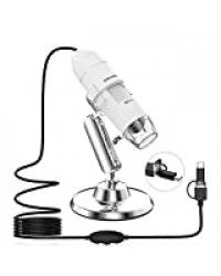 Pancellent Microscope numérique, microscopie à grossissement USB 1080P 50X à 1000X avec 8 LED, Collection de 12 Diapositives (Niveau de démarrage, Pas iPhone/iPad, Blanc)