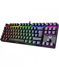 PICTEK Clavier Gamer Mécanique Clavier Gaming AZERTY Rétroéclairé Personnalisable- 87 Touches- Blue Switches- 100% Anti-ghosting- Commandes Multimédias-【Version Améliorée 2020 】-Noir