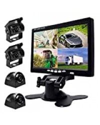 Podofo 9V-24V Kit de Caméra de Sauvegarde Aide au Stationnement 7 Pouces HD Split Quad Moniteur + 4 x Caméras Arrière Avant Côté Vision Nocturne IR Étanche et 33ft AV Câble d'Extension