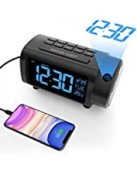 Radio Réveil à Projection, Liorque Horloges à Projection 180° Reveil Projecteur FM avec Alarme, Grand Affichage VA, 4 Niveaux de Luminosité de l'écran, Numérique USB, Fonction Snooze, 12/24H