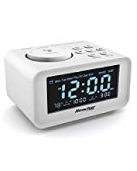 REACHER Radio Réveil avec Ports USB de Chargement,0-100% Gradateur,Volume d'alarme réglable, Affichage du thermomètre,Radio FM avec minuterie de Sommeil,Petite Taille pour Chambres à Coucher (Blanc)