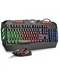 Rii Gaming RK900+ - Clavier avec clavier anti-ghosting et souris avec sensibilité réglable jusqu'à 2400 DPI (avec rétroéclairage LED arc-en-ciel